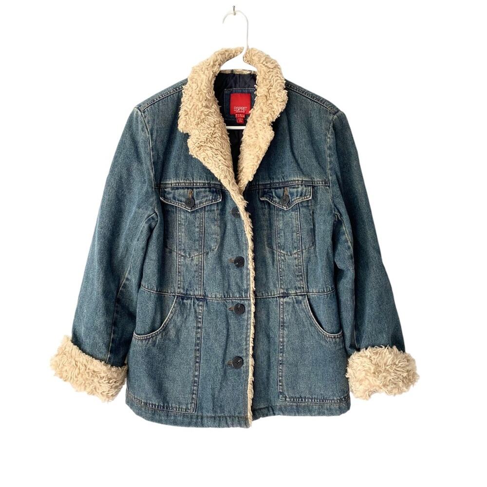 Esprit Penny Lane Denim Sherpa Trim Jean Coat Jacket size large quilted